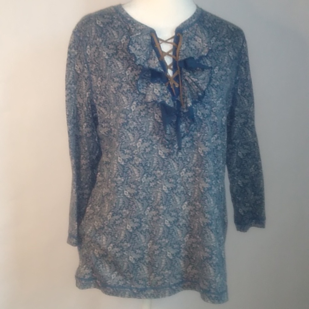 Large Ralph Lauren blue & beige floral paisley 3/4 sleeve top